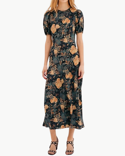 INES PUFF SLEEVE MIDI DRESS IN NUIT - Romi Boutique
