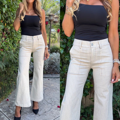 EDEN BUTTON CROP IN BEIGE BLUE STRIPES