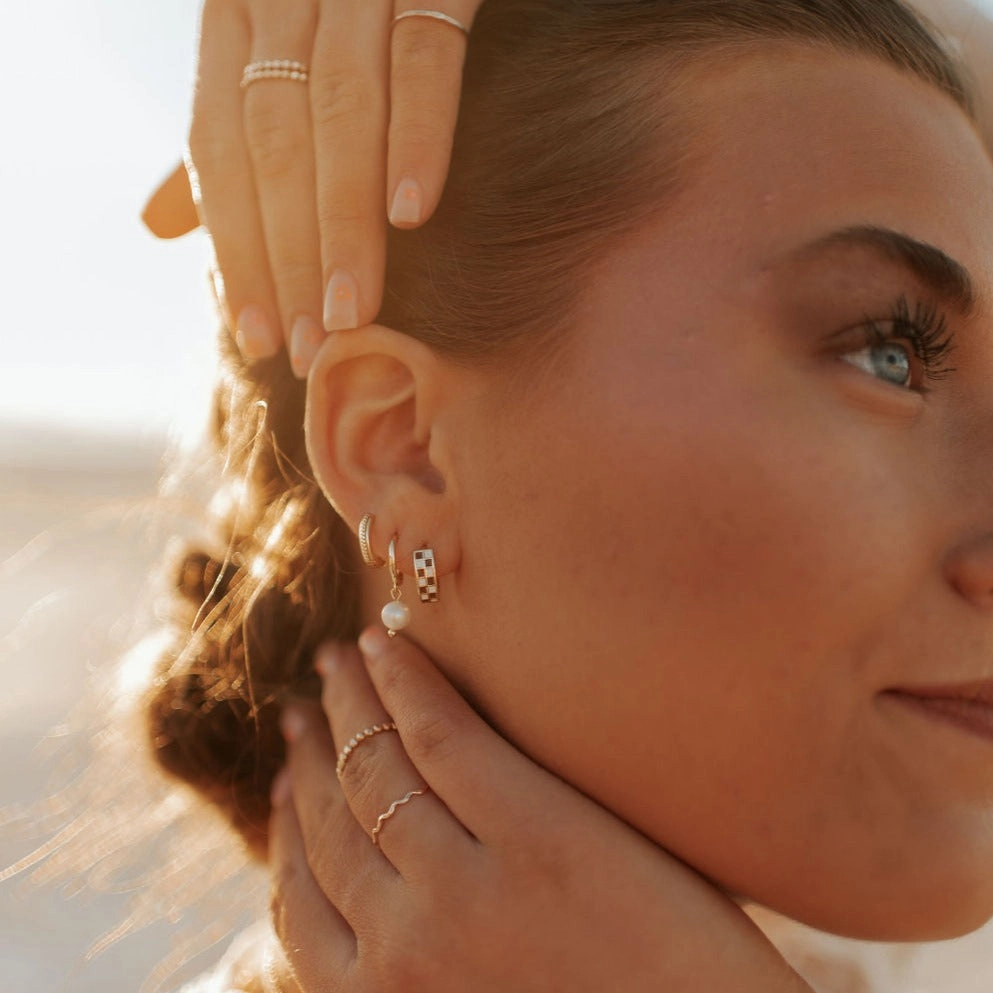 Romi Brown & White Checkered Hoops at Romi Boutique