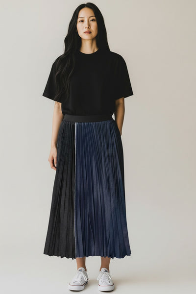 HALF AND HALF DENIM SKIRT IN INDIGO/BLACK