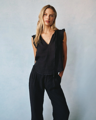 RUFFLE SLEEVE TIE NECK TOP IN BLACK