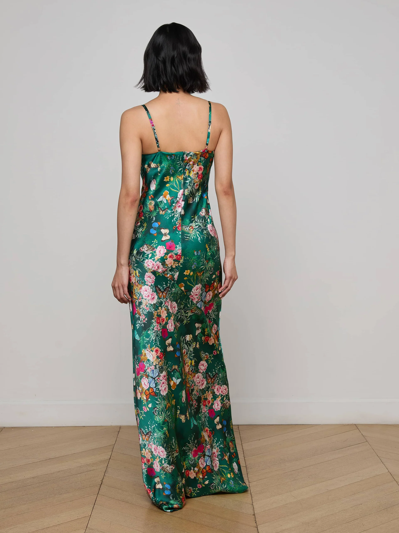 SAYLA SILK GOWN IN BOTTLE GREEN MULTI CHARONDA BUTTERFLY