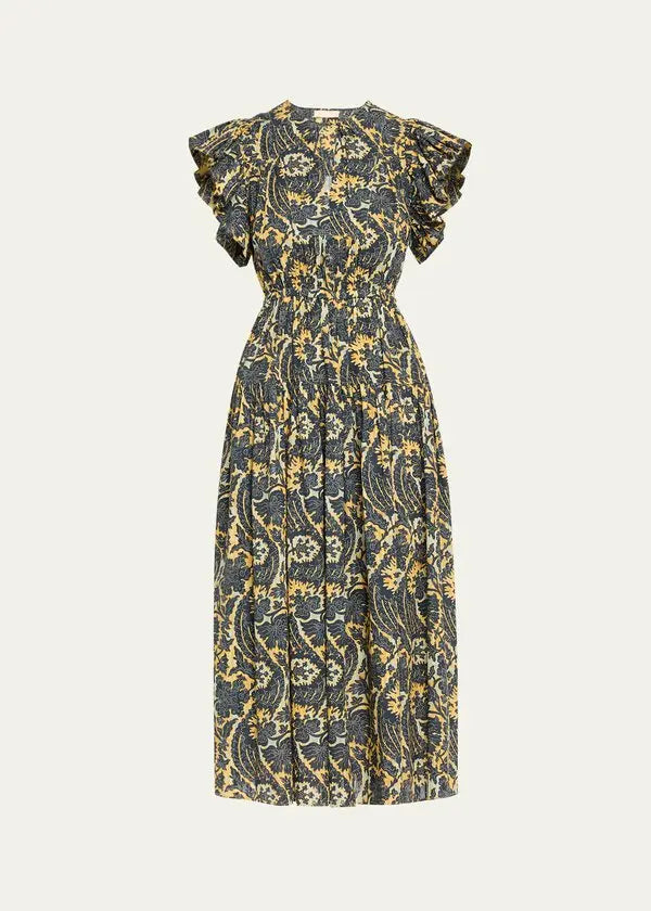 KAIRI FLUTTER SLEEVE MIDI DRESS IN LUNA