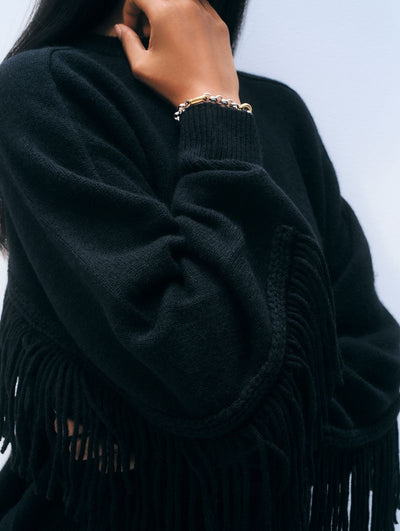 CASHMERE BLEND LUXE FRINGE CREW IN BLACK