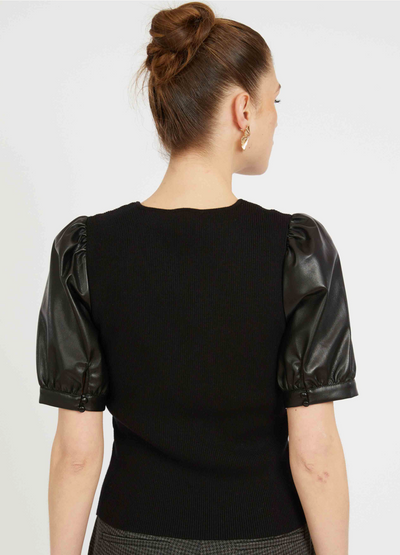 ANDREA TOP W/ VEGAN LEATHER SLEEVES IN BLACK