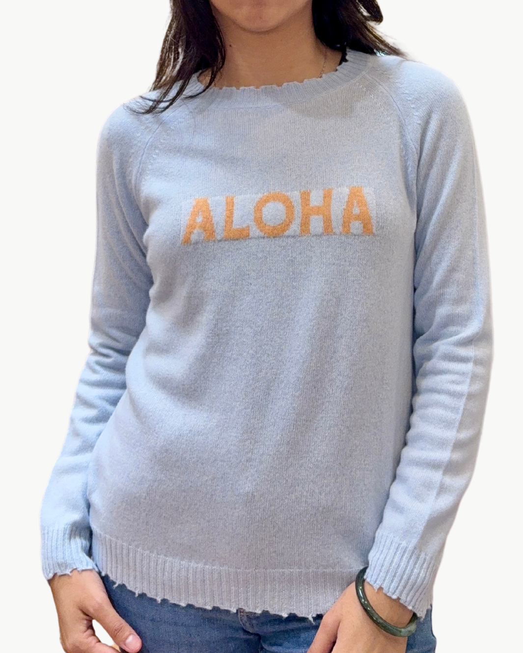 COLORI CUSTOM FRAYED CREW "ALOHA" at Romi Boutique