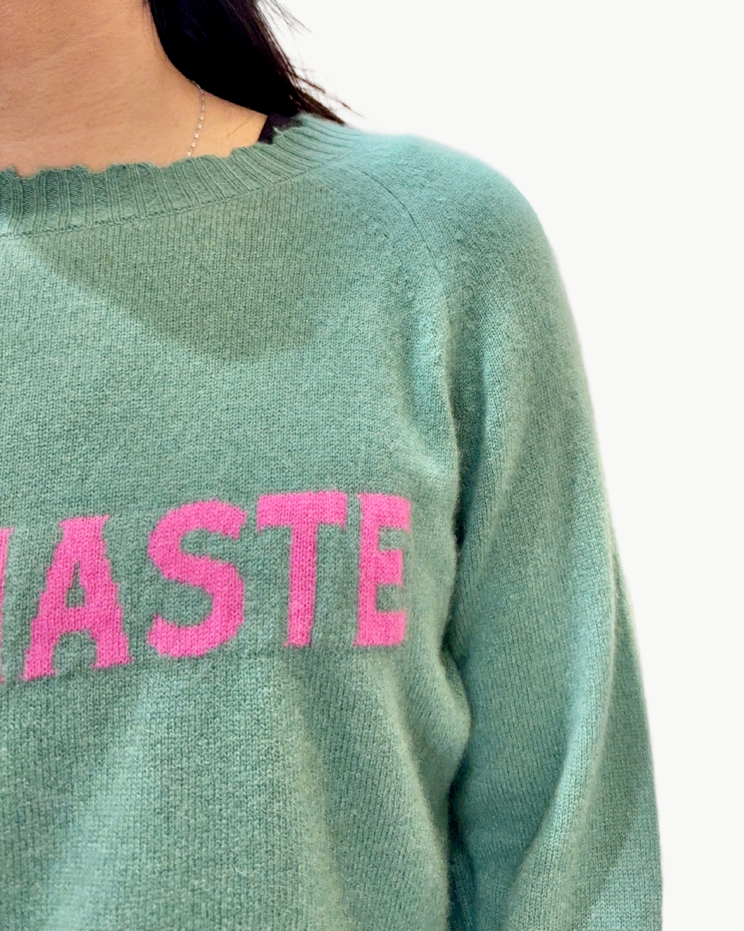 CUSTOM FRAYED CREW "NAMASTE" IN JADE/RIBBON