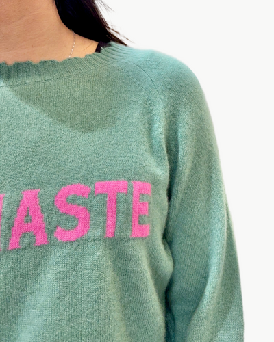 CUSTOM FRAYED CREW "NAMASTE" IN JADE/RIBBON