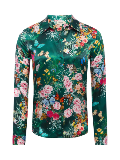 TYLER SILK BLOUSE IN BOTTLE GREEN MULTI CHARONDA BUTTERFLY - Romi Boutique