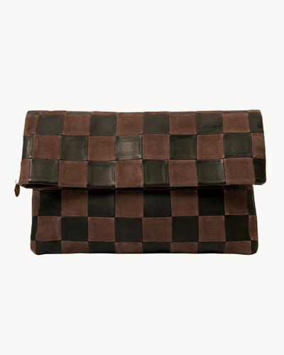 CARRYALL CLUTCH NAPPA & SUEDE OVERSIZED CHECKER W/ TABS IN BLACK & CHOCOLATE
