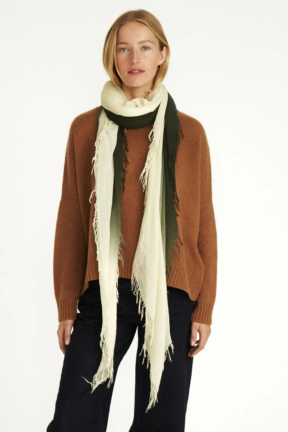 DIP-DYED CASHMERE AND SILK SCARF IN KOMBU GREEN - Romi Boutique
