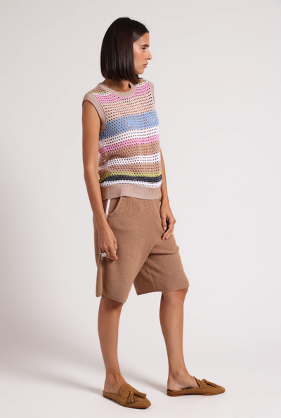 COTTON CASHMERE MESH MUSCLE TANK IN CAMEL MULTI STRIPE