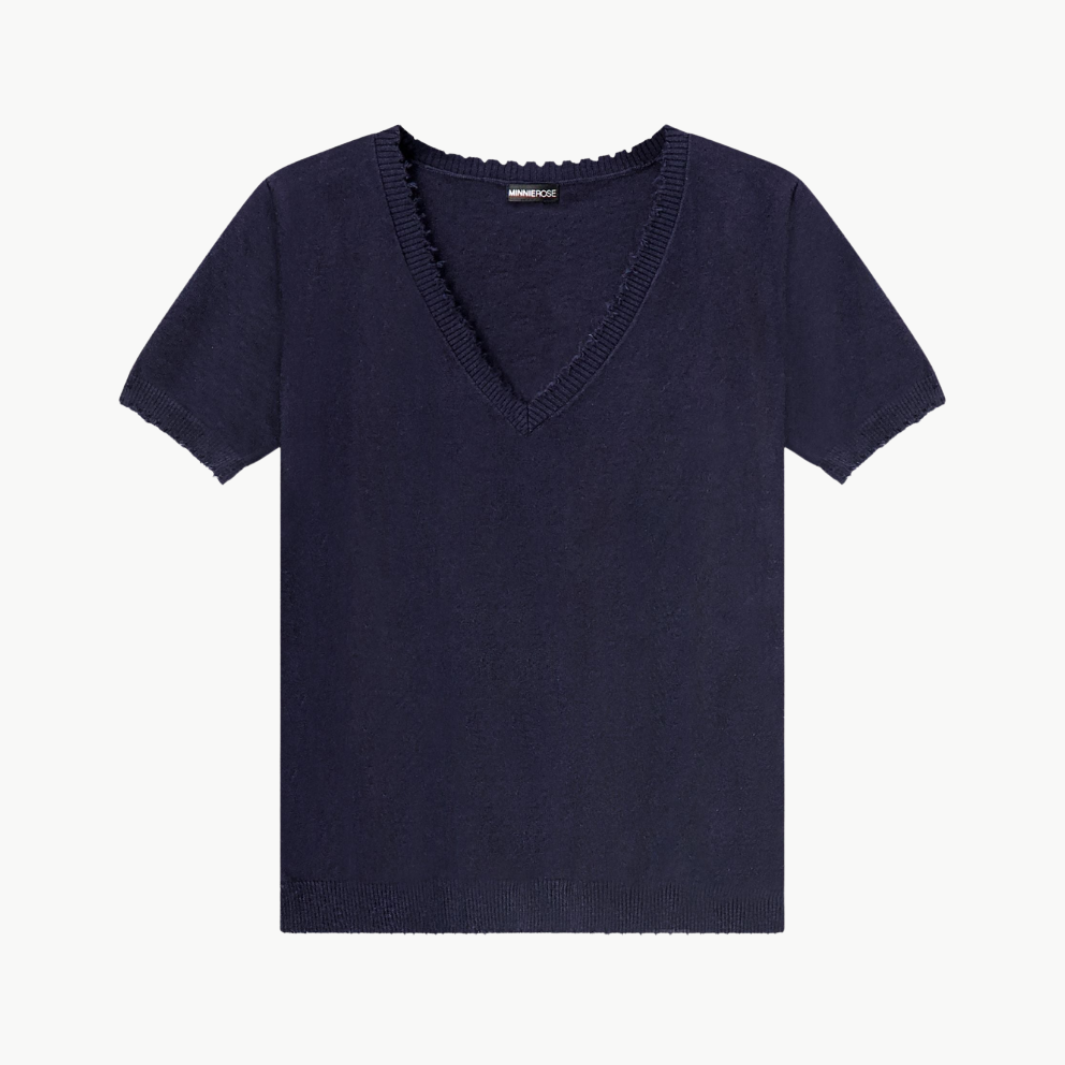 Minnie Rose COTTON CASHMERE FRAYED V TEE at Romi Boutique