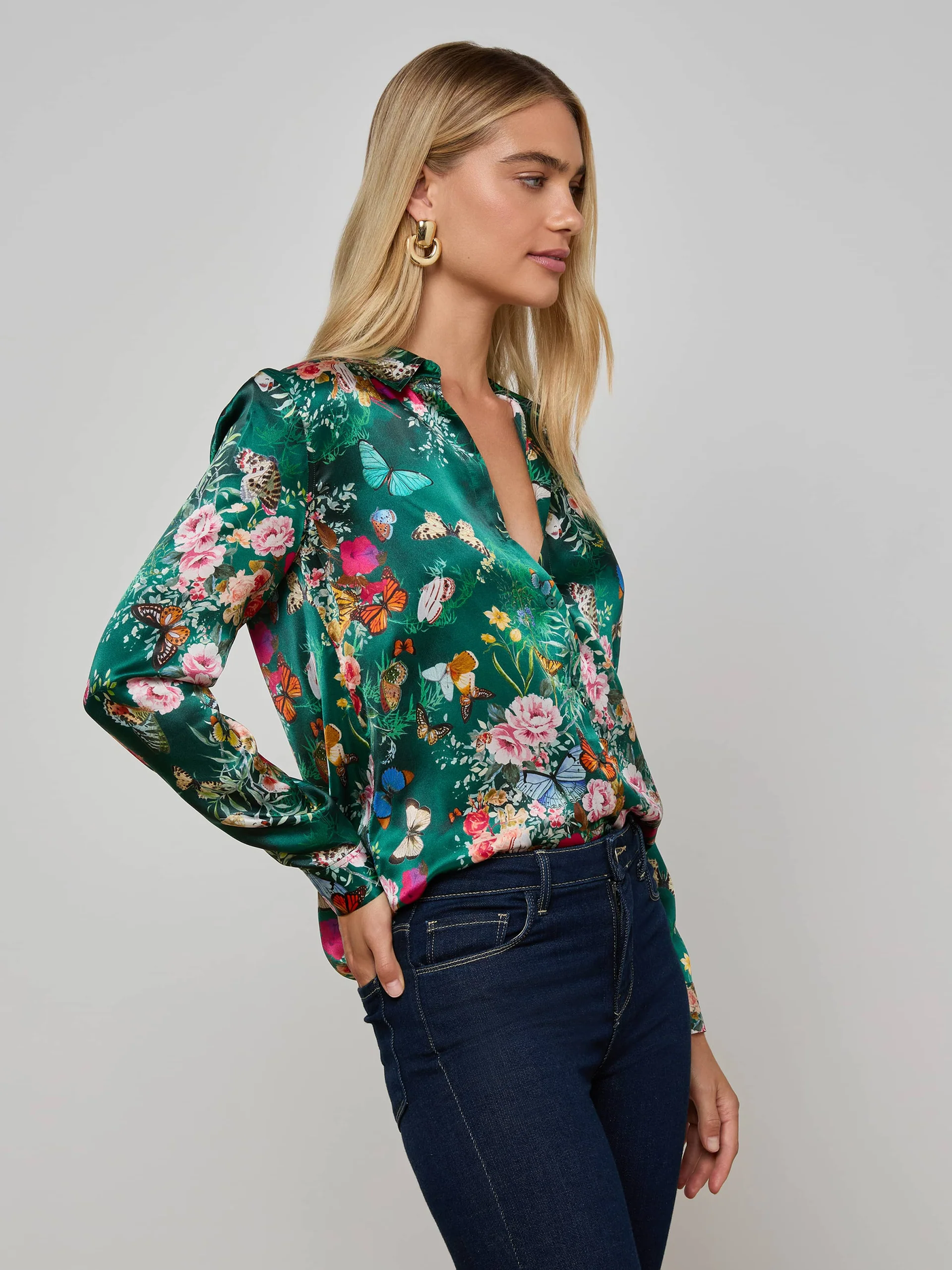TYLER SILK BLOUSE IN BOTTLE GREEN MULTI CHARONDA BUTTERFLY - Romi Boutique