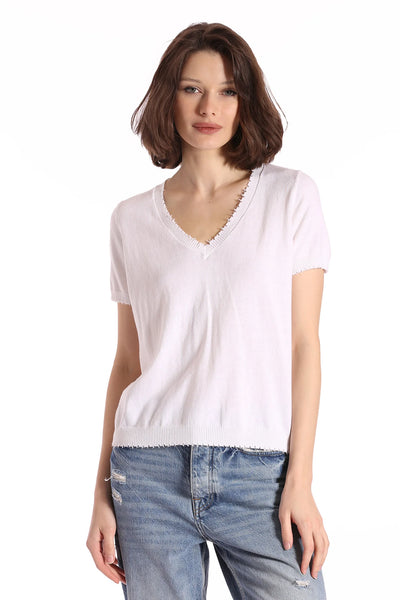 COTTON CASHMERE FRAYED V TEE IN WHITE