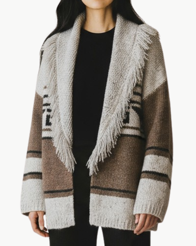 SOUTHWEST FRINGED SHAWL COLLAR THROW IN BROWNIE NEUTRAL COMBO - Romi Boutique