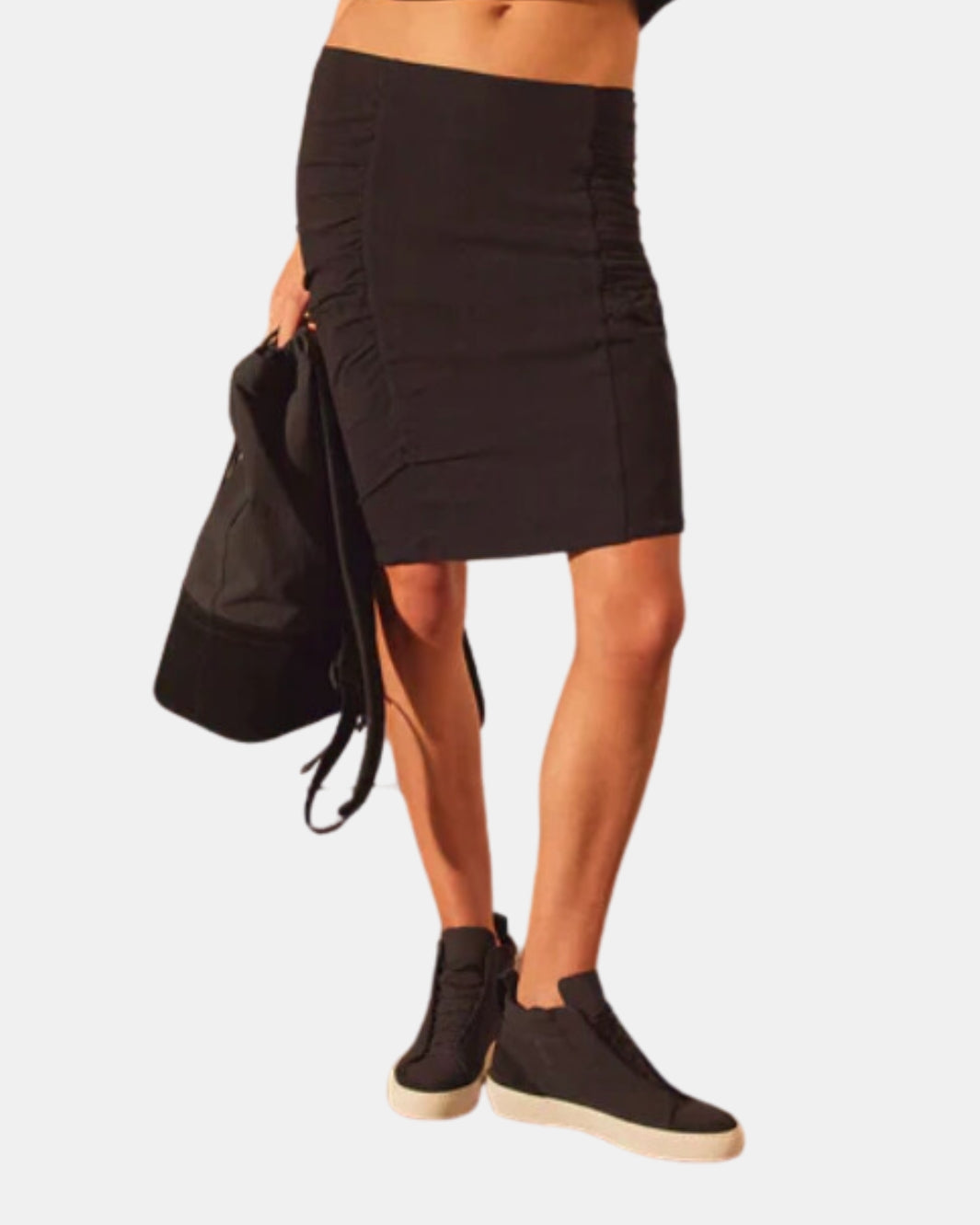 RECYCLED BRUSHED JERSEY RUCHED SKIRT IN BLACK - Romi Boutique
