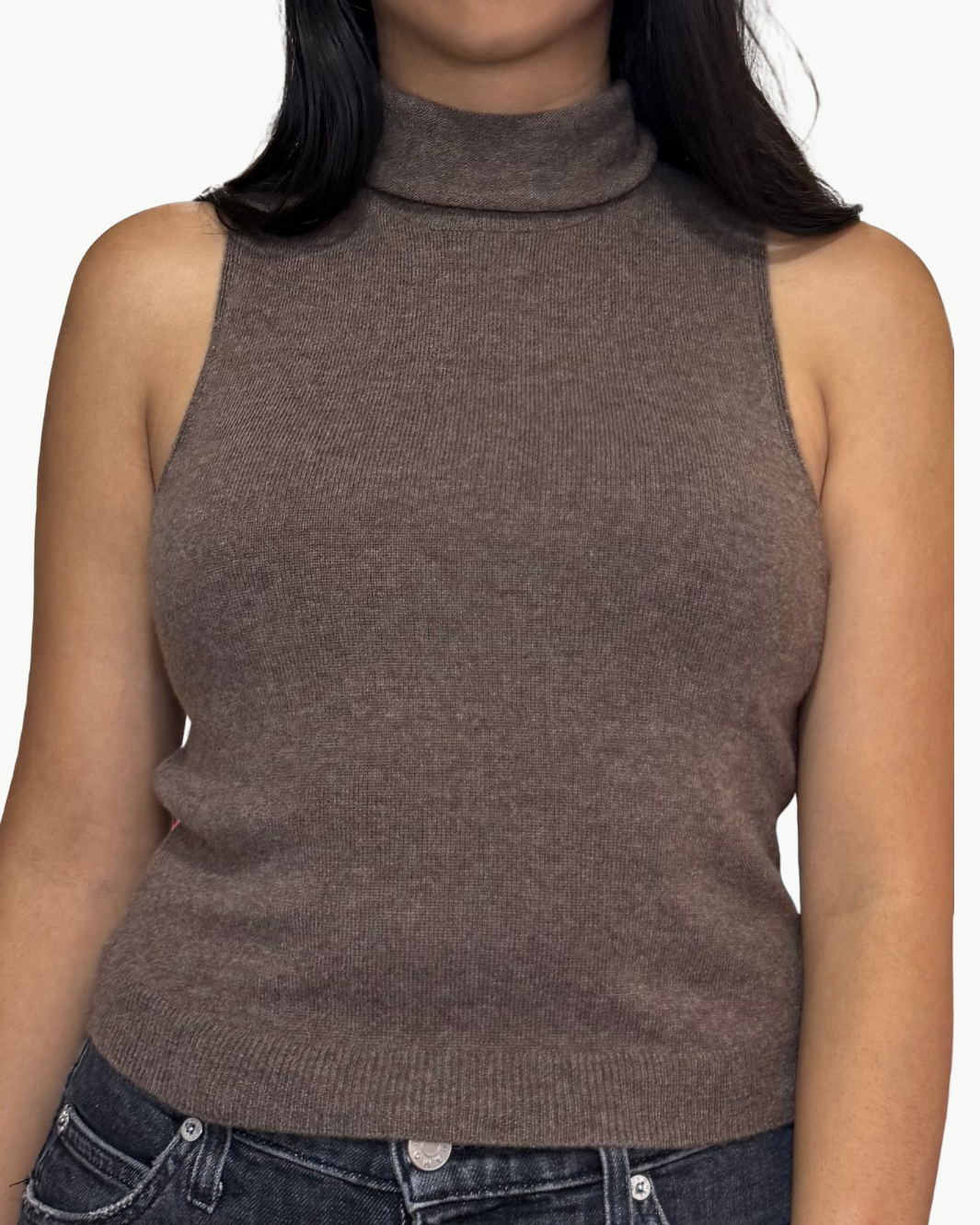 SOFIE SLEEVELESS CASHMERE TURTLENECK IN SWISS BROWN