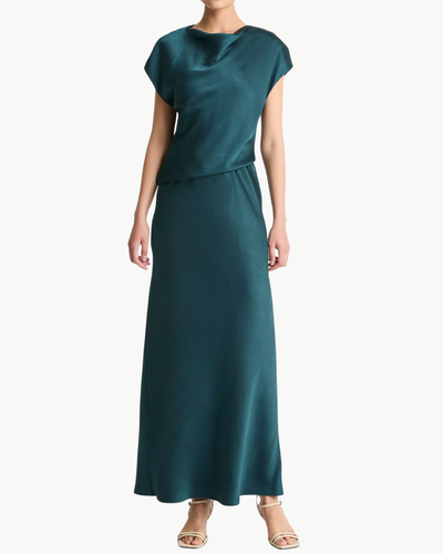 DRAPED SATIN COWL-NECK DRESS IN JUNIPER