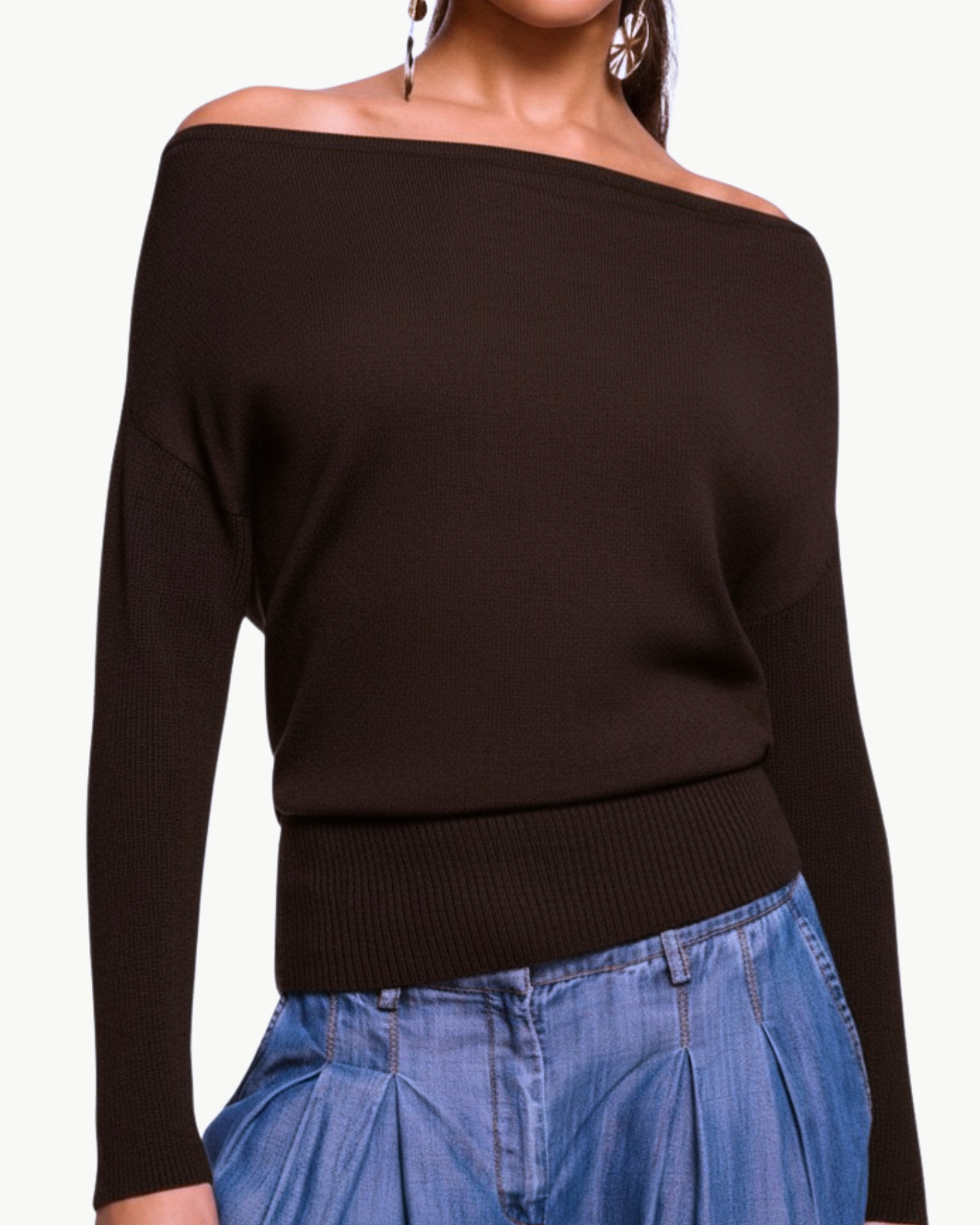 CHANCE MERINO OFF-THE-SHOULDER SWEATER IN DESERT BROWN - Romi Boutique