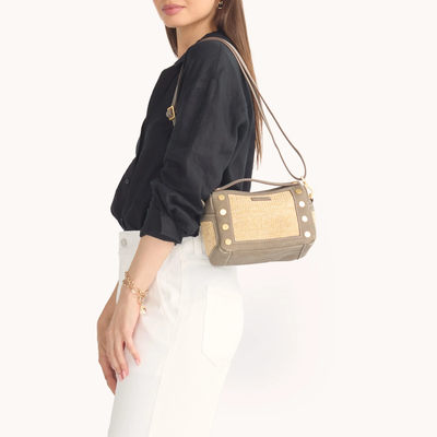 EVAN CROSSBODY SMALL IN PEWTER RAFFIA/BRUSHED GOLD