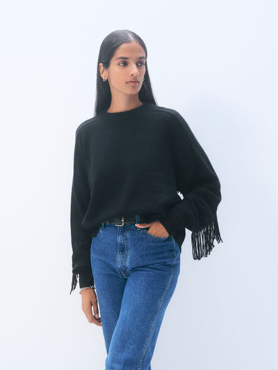 CASHMERE BLEND LUXE FRINGE CREW IN BLACK