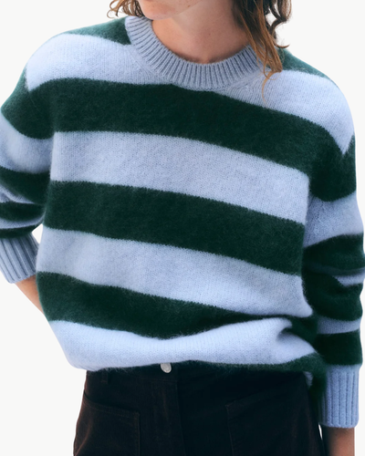 BRUSHED CASHMERE STRIPED CREW IN BLUE/TEALWOOD