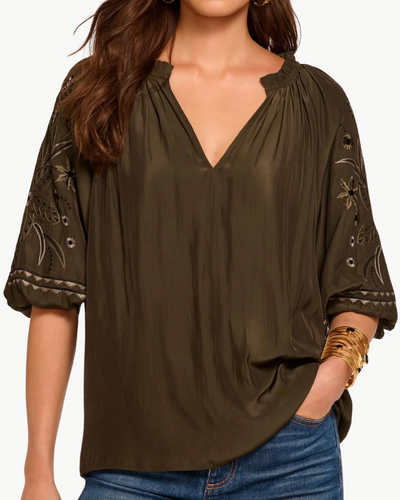 KAREN EMBELLISHED V-NECK BLOUSE IN DEEP OLIVE