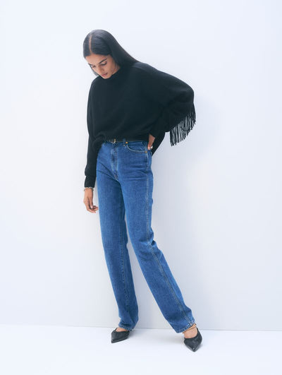 CASHMERE BLEND LUXE FRINGE CREW IN BLACK