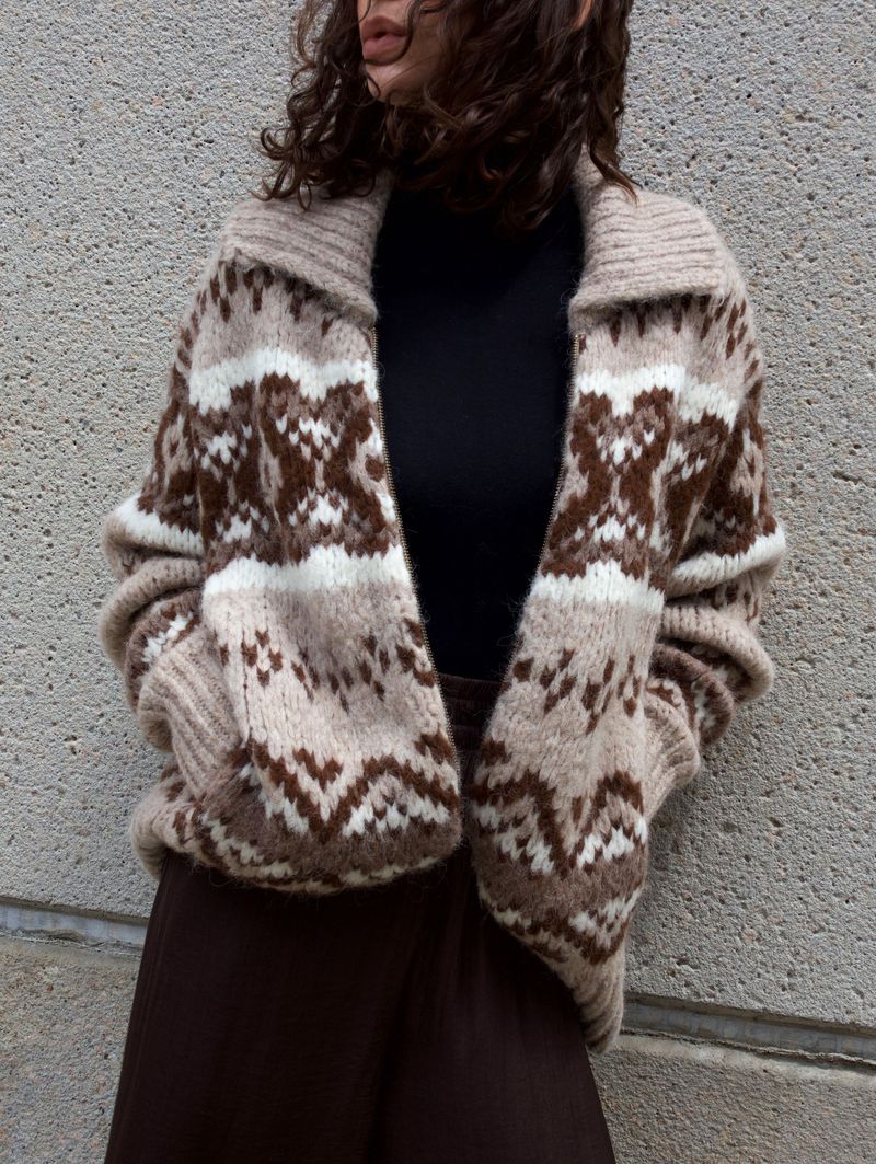 ALPACA BLEND FAIR ISLE BOMBER IN BROWN COMBO - Romi Boutique
