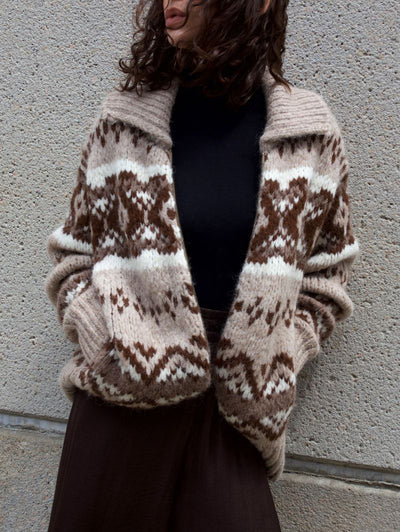 ALPACA BLEND FAIR ISLE BOMBER IN BROWN COMBO - Romi Boutique