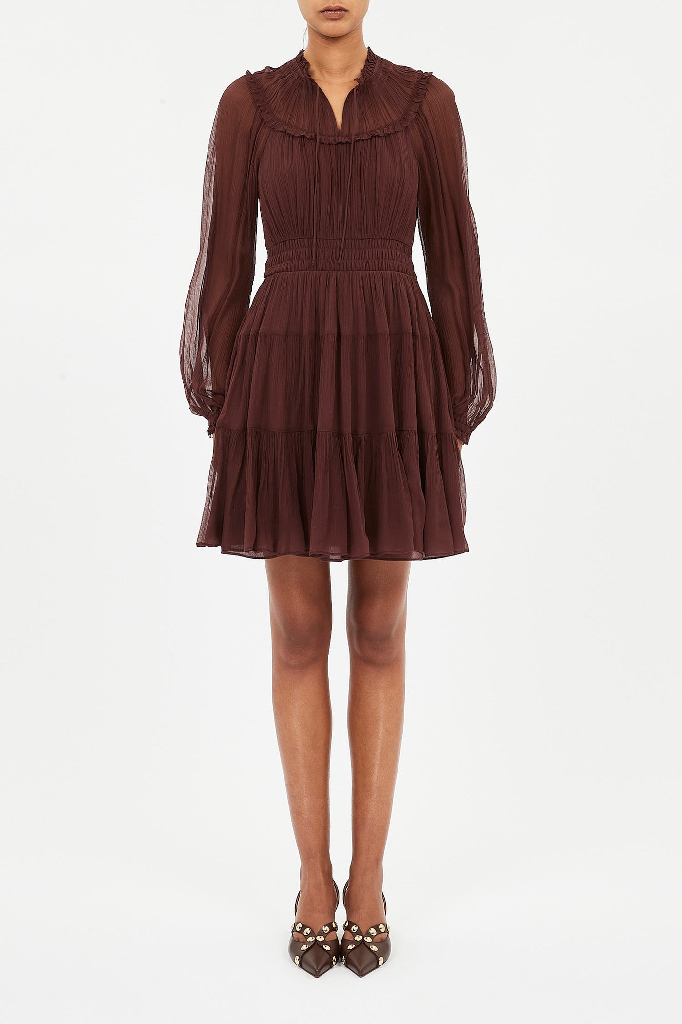 AVA SILK LONG SLEEVE MINI DRESS IN MAHOGANY