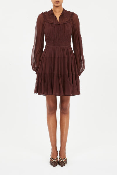 AVA SILK LONG SLEEVE MINI DRESS IN MAHOGANY