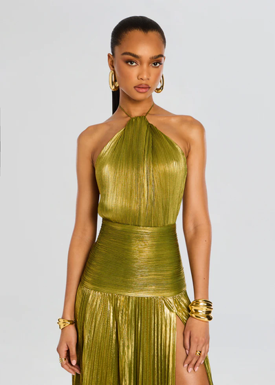 THALIA DRESS IN METALLIC PERIDOT