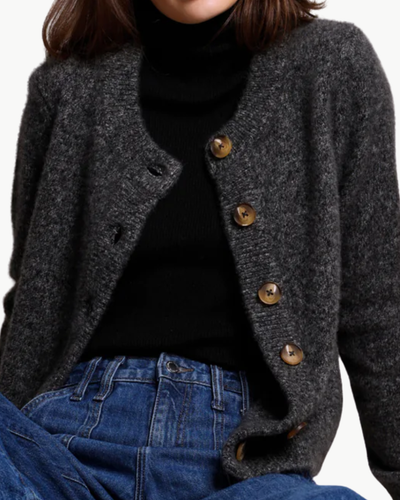 CASHMERE SILK MARLED RELAXED CREW CARDI IN BLACK