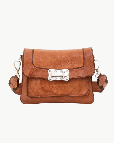 AGNESE LEATHER CROSSBODY BAG IN COGNAC W/ SILVER - Romi Boutique