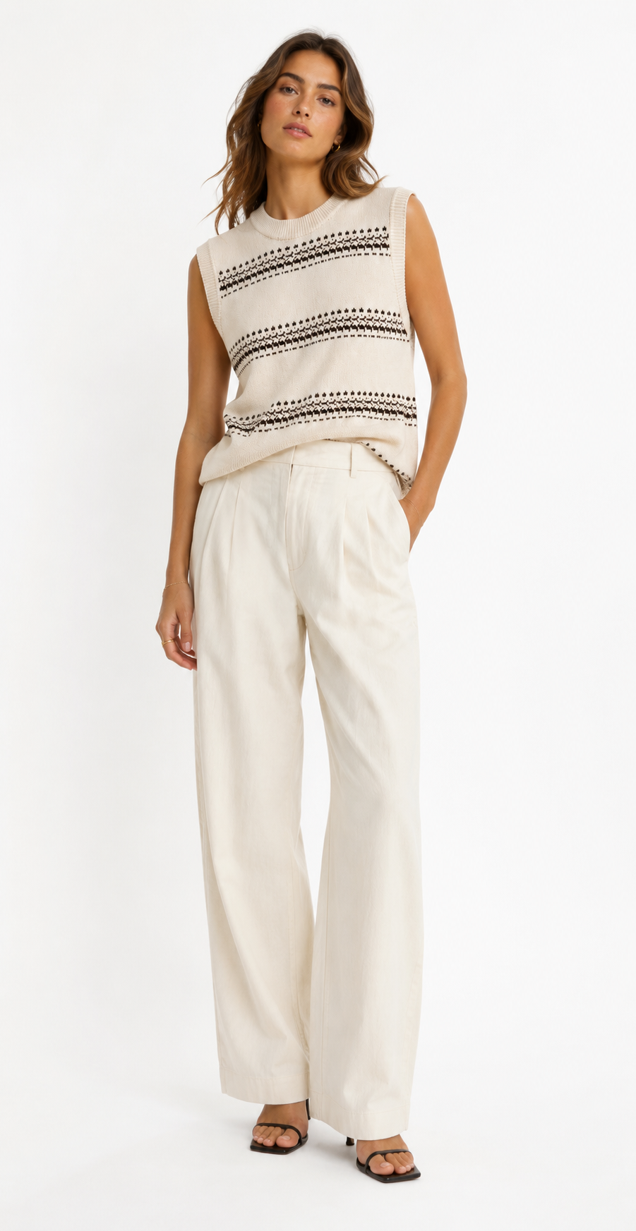 Striped Jacquard Sleeveless Crew Sweater