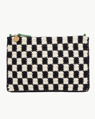 FLAT CLUTCH IN BLACK AND CREAM CROCHET CHECKER - Romi Boutique