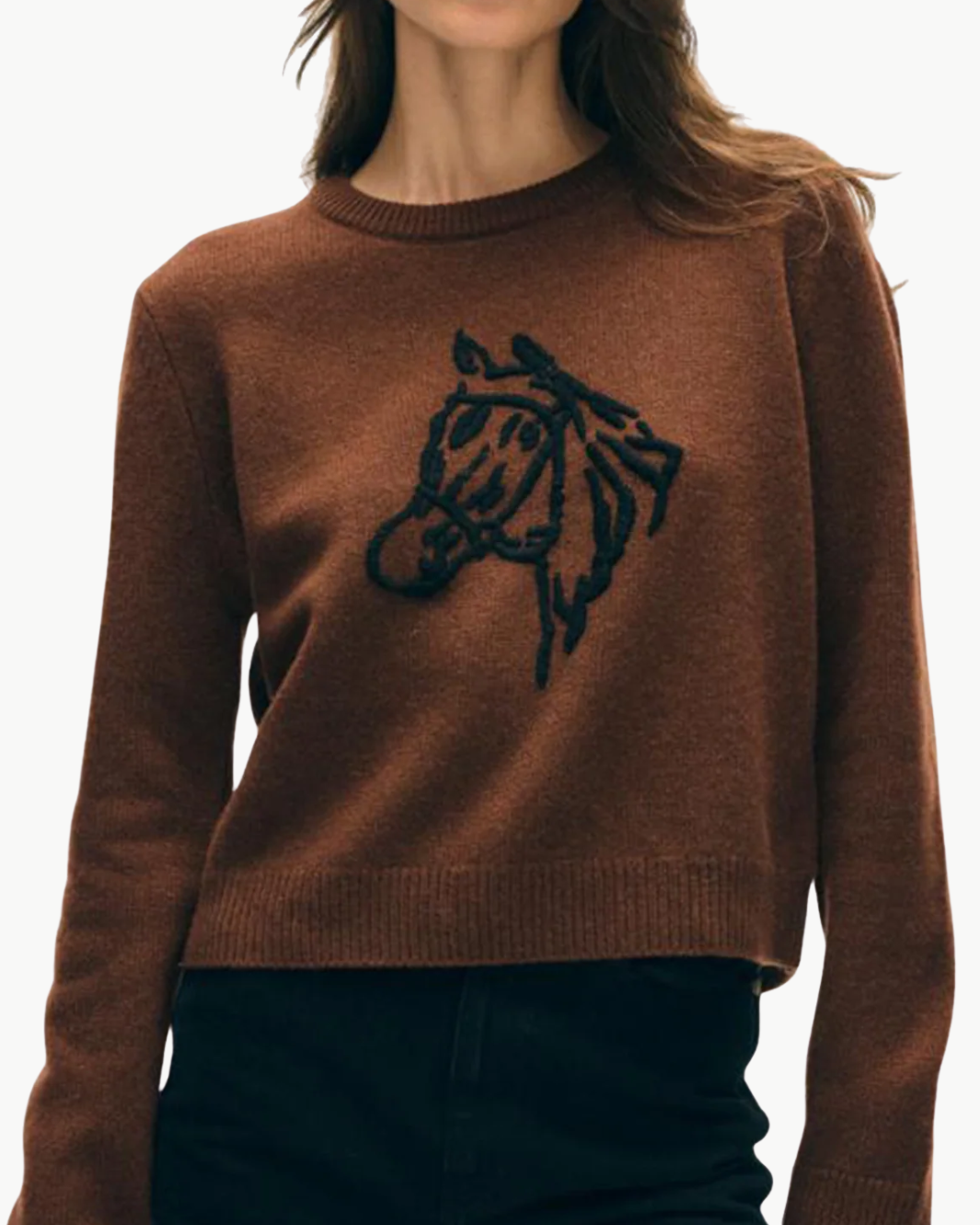 CASHMERE BLEND HORSE EMBROIDERED CREW IN COCO/BLACK