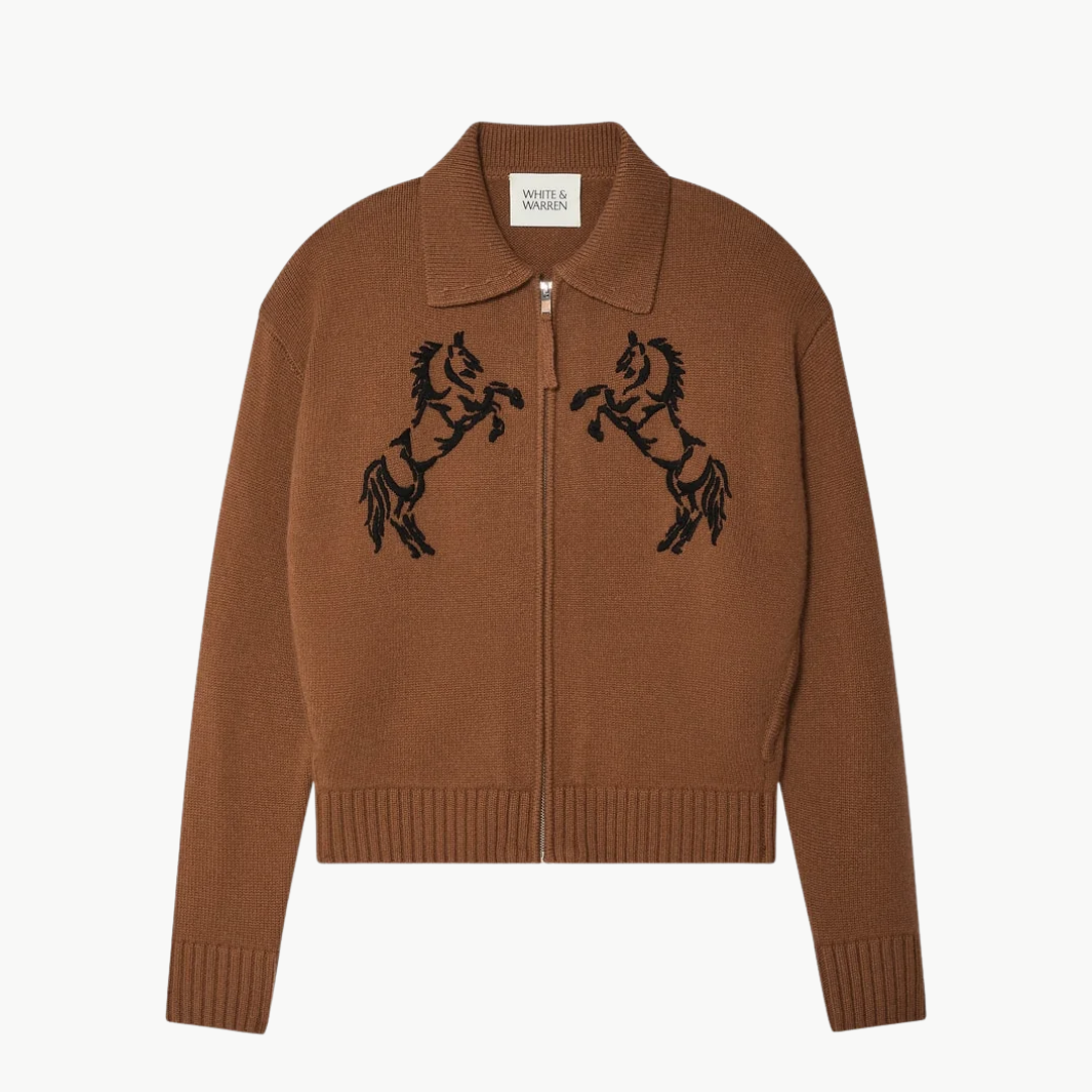 Cashmere Blend Horse Zip-Up Sweater