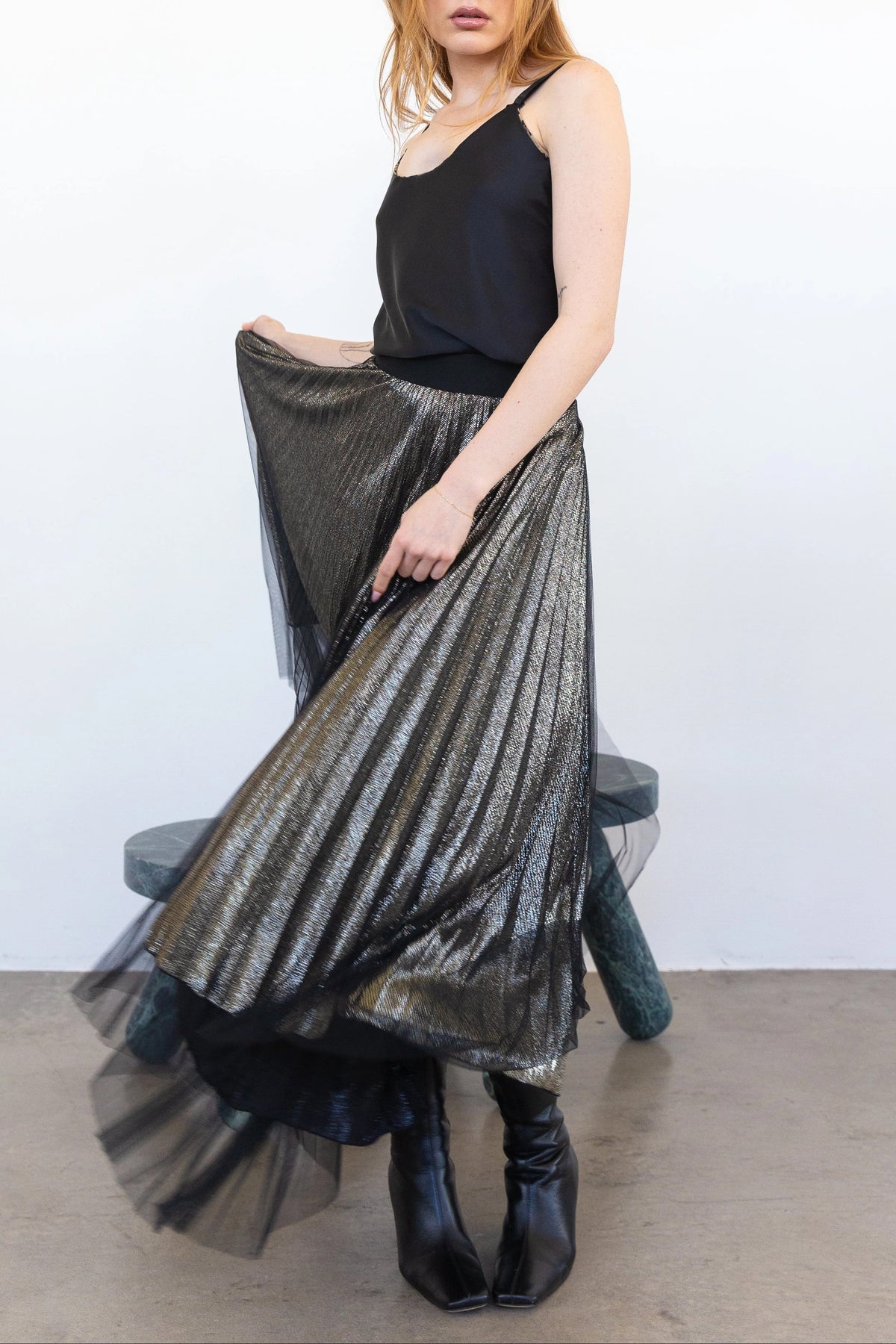 Loyd/Ford Metallic Pleat Skirt with Mesh Overlay at Romi Boutique
