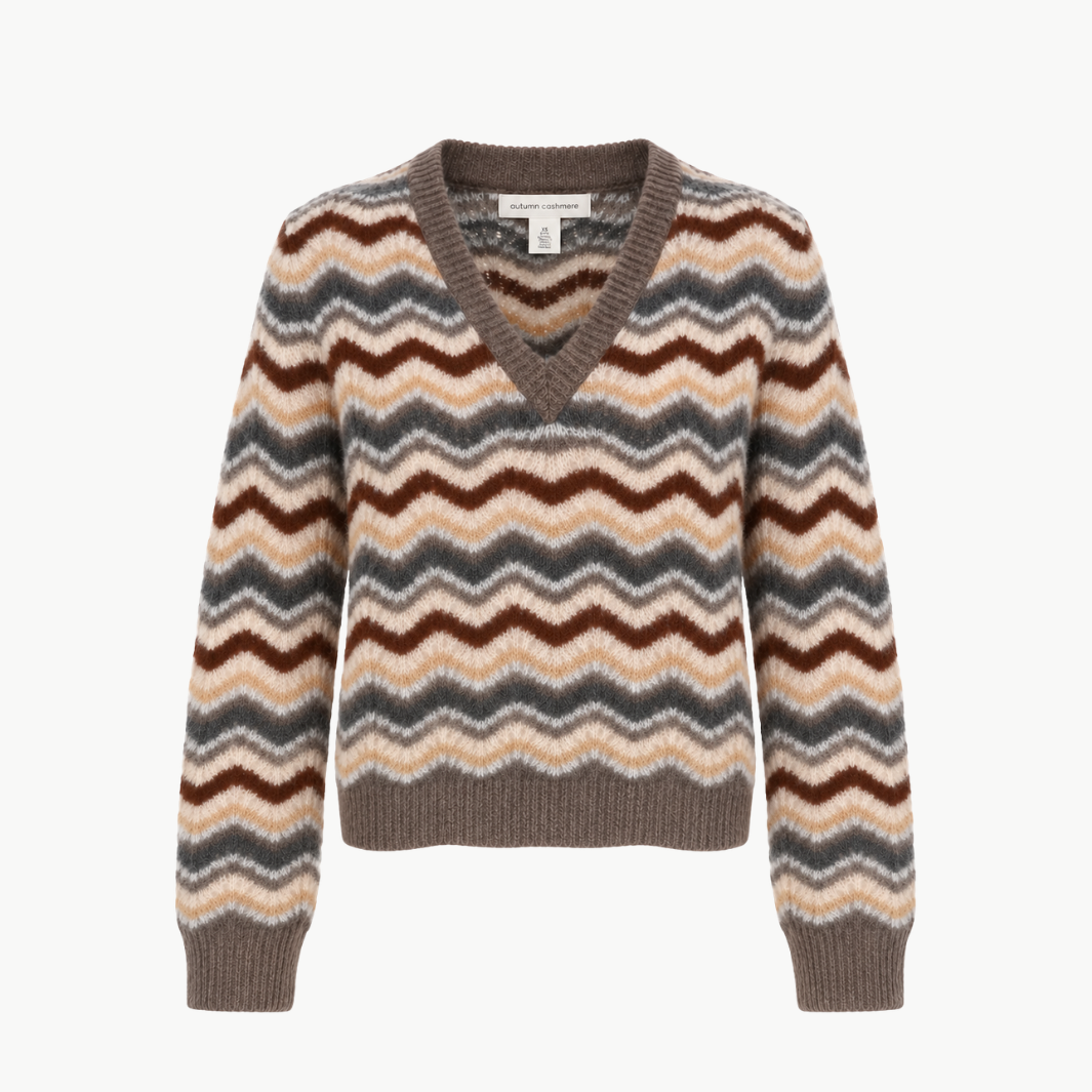 Autumn Cashmere Cropped Pointelle Wavy Stripe V Neck Pullover at Romi Boutique