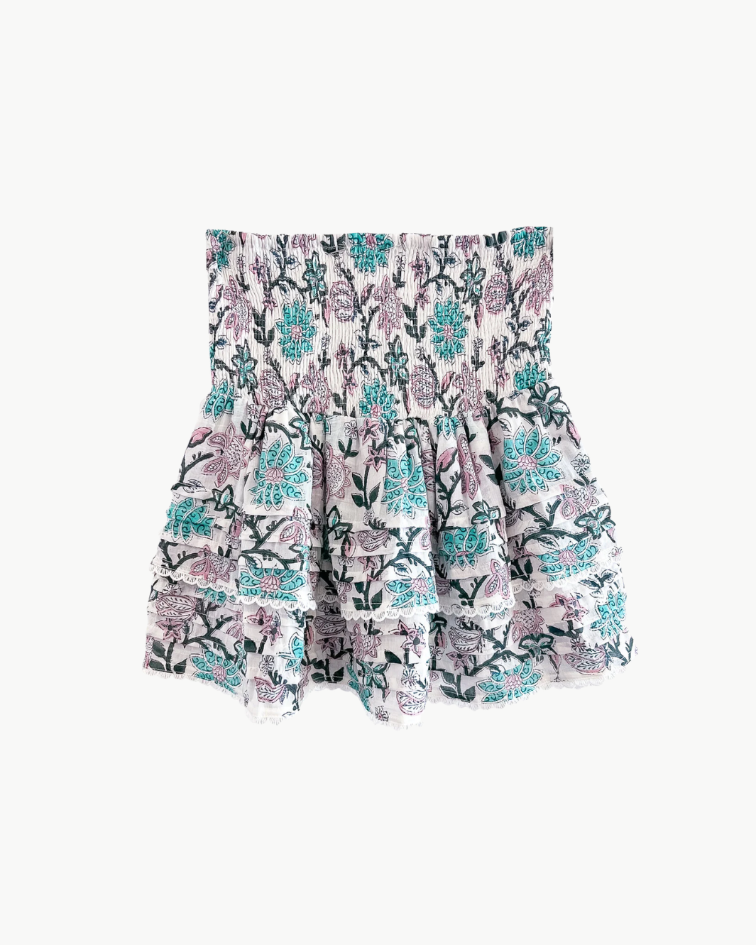 PLEATED SMOCKED MINI SKIRT IN LIGHT TURQUOISE PURPLE FLORAL by Bell - Romi Boutique