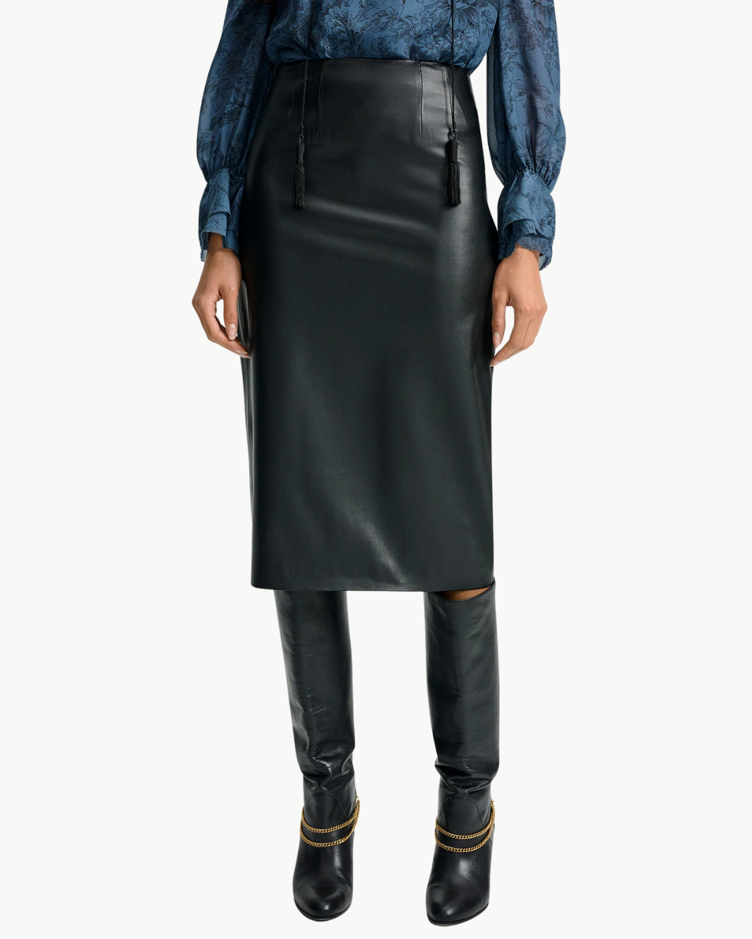 HOLMES MIDI PENCIL SKIRT IN BLACK VEGAN LEATHER