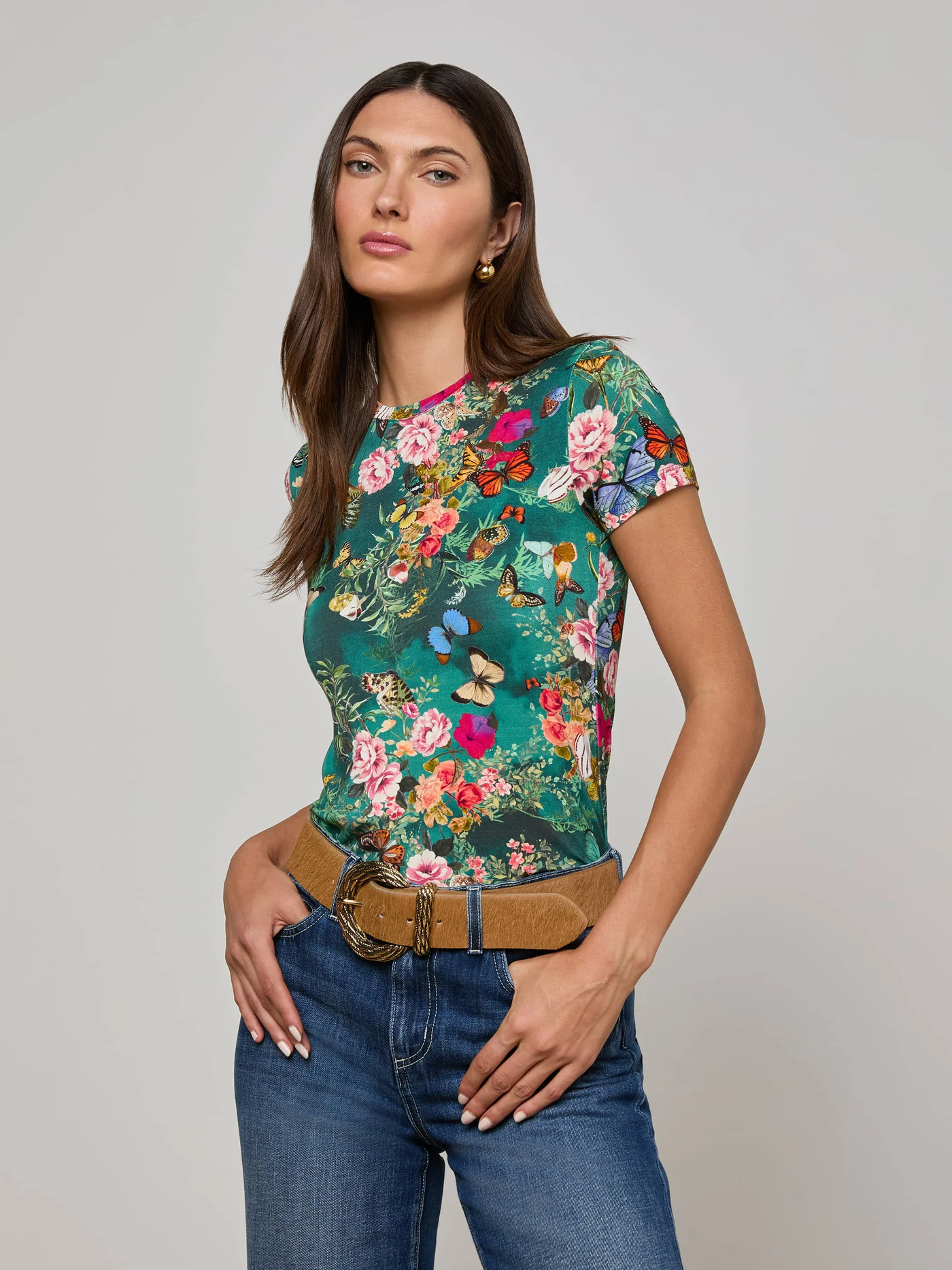 RESSI FITTED TEE IN BOTTLE GREEN MULTI CHARONDA BUTTERFLY