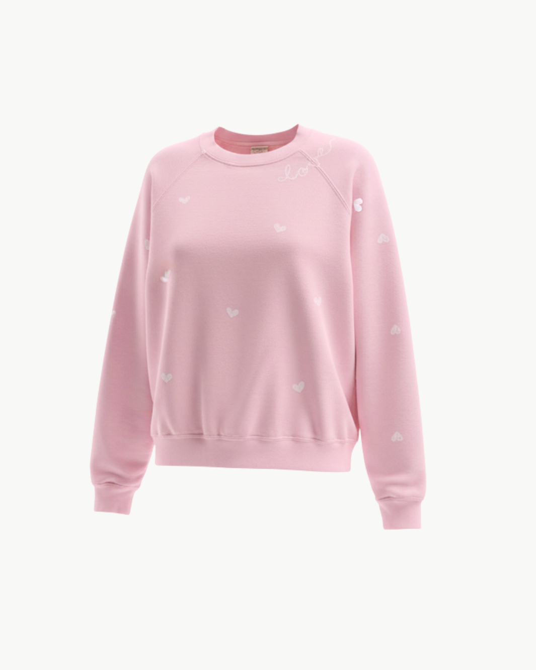 I Stole My Boyfriend's Shirt "LOVE" WITH WHITE HEARTS CREW SWEATSHIRT IN POWDER PINK at Romi Boutique