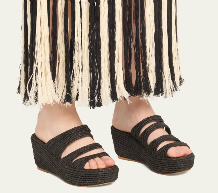 MEDI RAFFIA WEDGE SLIDE SANDALS IN BLACK - Romi Boutique