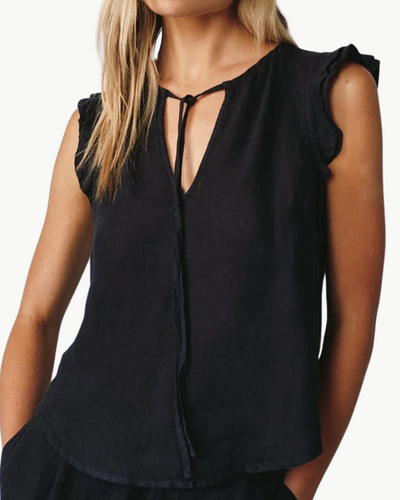 RUFFLE SLEEVE TIE NECK TOP IN BLACK