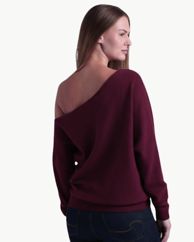 CASHMERE OFF THE SHOULDER TOP IN BORDEAUX