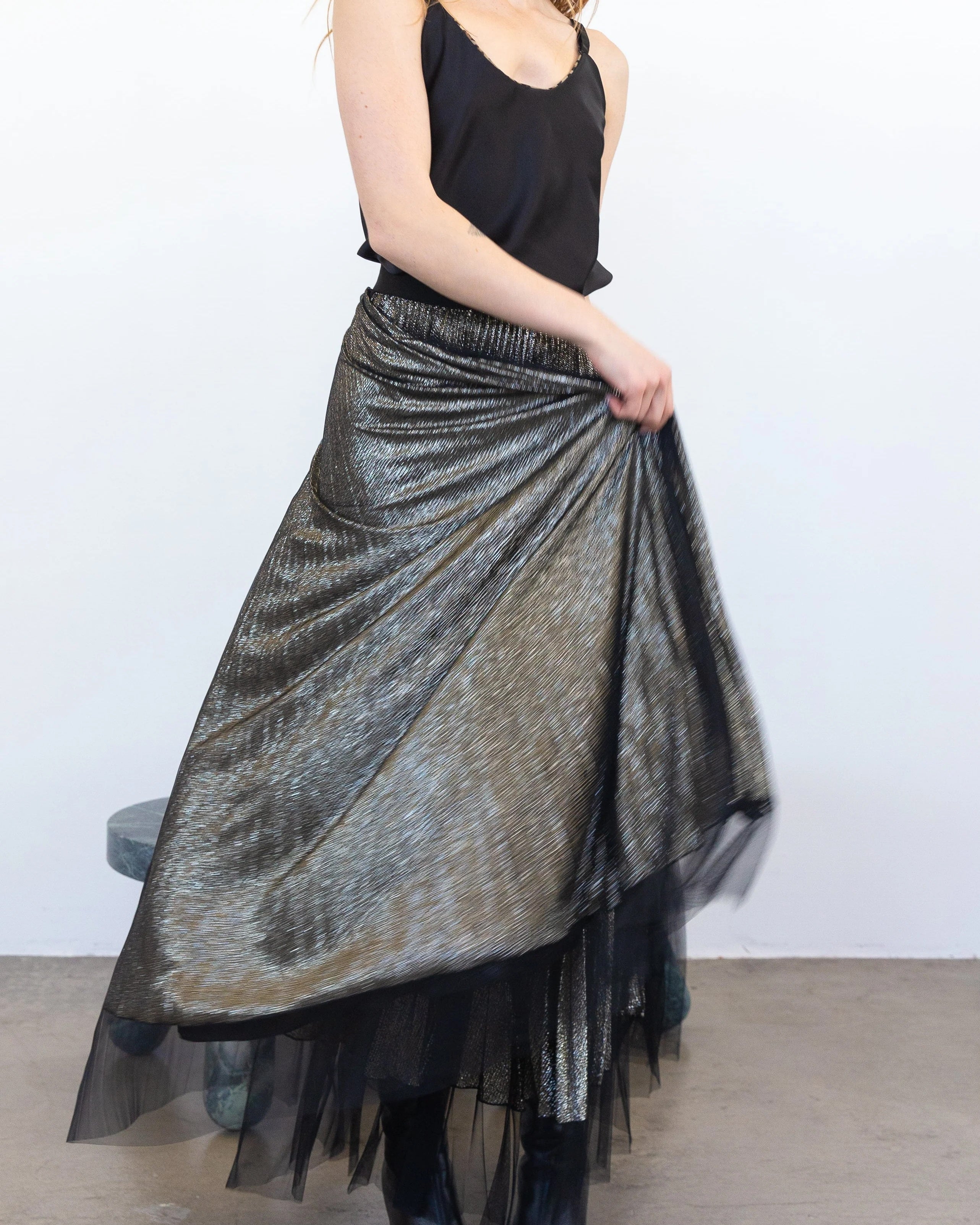 Loyd/Ford Metallic Pleat Skirt with Mesh Overlay at Romi Boutique